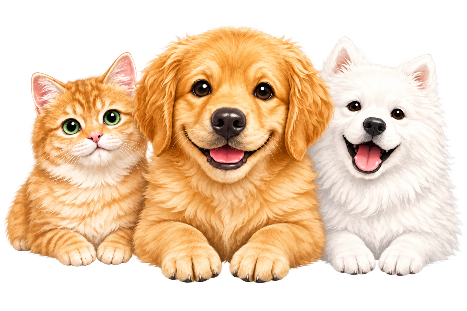仲良く並ぶ猫と2匹の犬